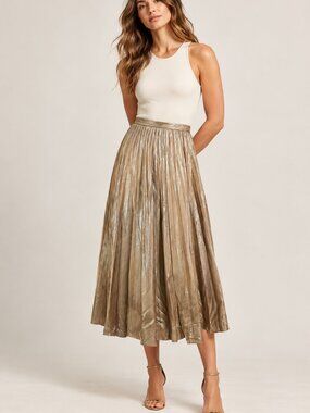 Maeve Gold Silver Metallic Pleated Midi Skirt Size S